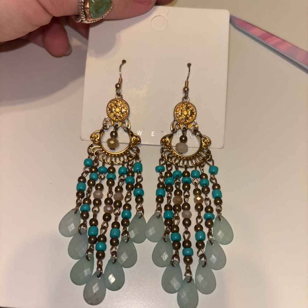 Bohemian Gold and Turquoise Chandelier Earrings